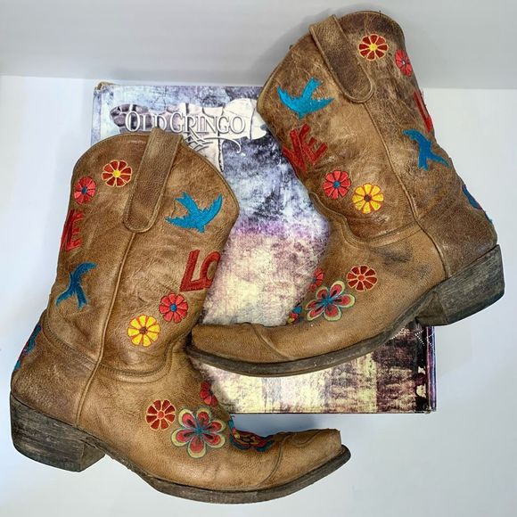 Old Gringo Brown Floral LOVE Embroidered Checruda Leather Cowboy Boots Size 8.5 - Picture 1 of 12